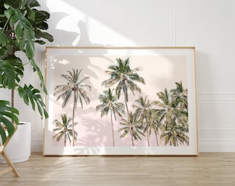 Roze palmbomen print, zonsondergang muurkunst, kunst aan de muur tropische kust, palmboomfotografie, pastel zomerposter