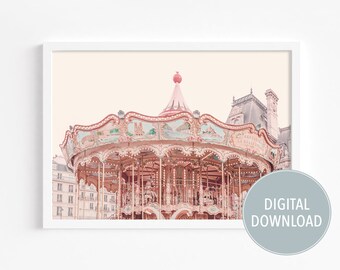 Paris pink carousel print, printable Paris carousel photo, Merry go round poster, Parisian decor, girl nursery wall art, large landscape