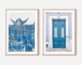 Lisbon Blue Door Wall Art Set of 2 - Portuguese Tile Prints, Blue and White Mosaic Tile Photography