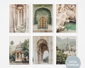 Rajasthan Architecture Prints - India Travel Gallery Wall Art Set of 6 Palaces, Temples & Cenotaphs, Beige Green Printable Decor