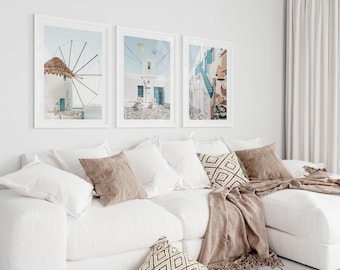 Mykonos Print Set of 3 – Greek Islands Wall Art, Cycladic Architecture Photography, White Blue Mediterranean Coastal Travel Posters