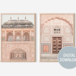 Pink Jaipur Door Wall Art Set of 2 - Indian Prints, Rajasthan India Palace Wall Art, Boho Pastel Prints, Amber Fort India Travel Printable