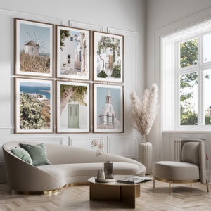 Mykonos Greece set of 6 wall art prints, Mediterranean print set, Greece neutral sage green gallery wall prints, Greek travel photography