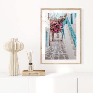 Paros Greece print, Coastal Greece, Greek Island white town print, bougainvillea, modern Mediterranean village, white washed Greek street image 3