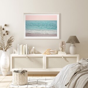 Pastel beach poster, ocean waves print, blush pink sunset photography, ocean print, coastal wall art, ocean photography, beach poster image 2