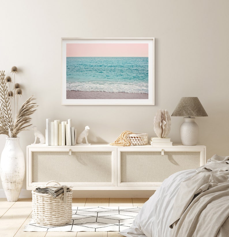 Pastel beach poster, ocean waves print, blush pink sunset photography, ocean print, coastal wall art, ocean photography, beach poster image 2