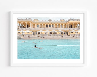 Swimming pool print, Summer travel poster, Szechenyi baths Budapest, Swimming Art print, Swimming gift, landscape turquoise pool house decor