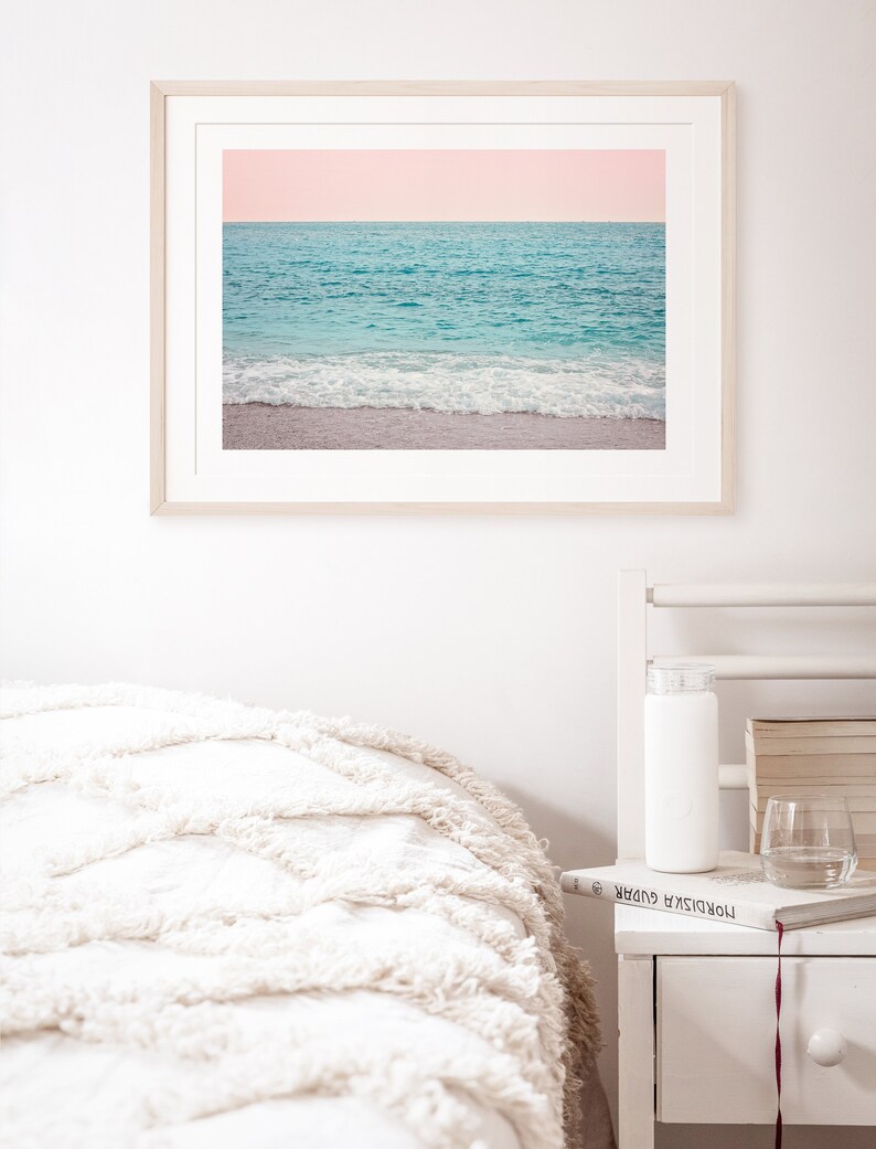 Pastel beach poster, ocean waves print, blush pink sunset photography, ocean print, coastal wall art, ocean photography, beach poster image 5