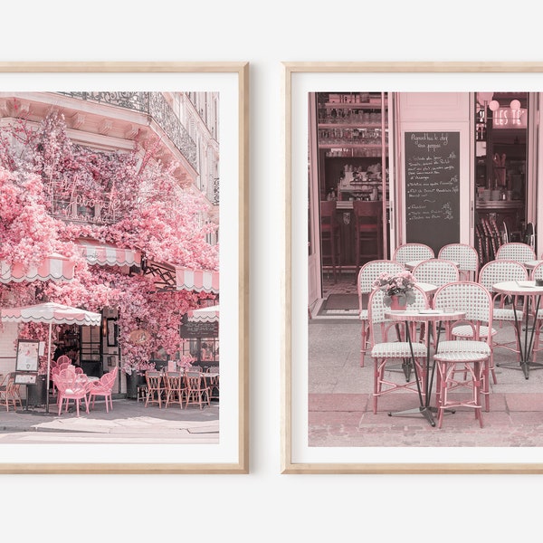 Café parisien, ensemble d'impressions Paris, café floral rose, ensemble de galerie de cafés français, photographie rose blush La Favorite Paris, décoration de cuisine rose tendance