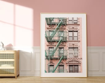 New York Fire Escape Wall Art, Pink New York Apartment Building Print, Manhattan Architecture Photography, City Travel Decor