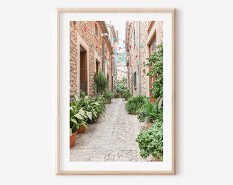 Mallorca print, Spain alley poster, Spanish village print, Potted plants, Old town Mallorca wall art, Spain print, Mediterranean Spain art