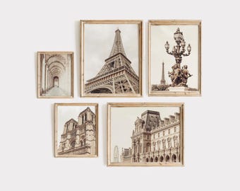 Paris Wall Art Set of 5 - Neutral French Architecture Prints, Eiffel Tower, Louvre, Notre Dame Gallery Wall (Digital Download)