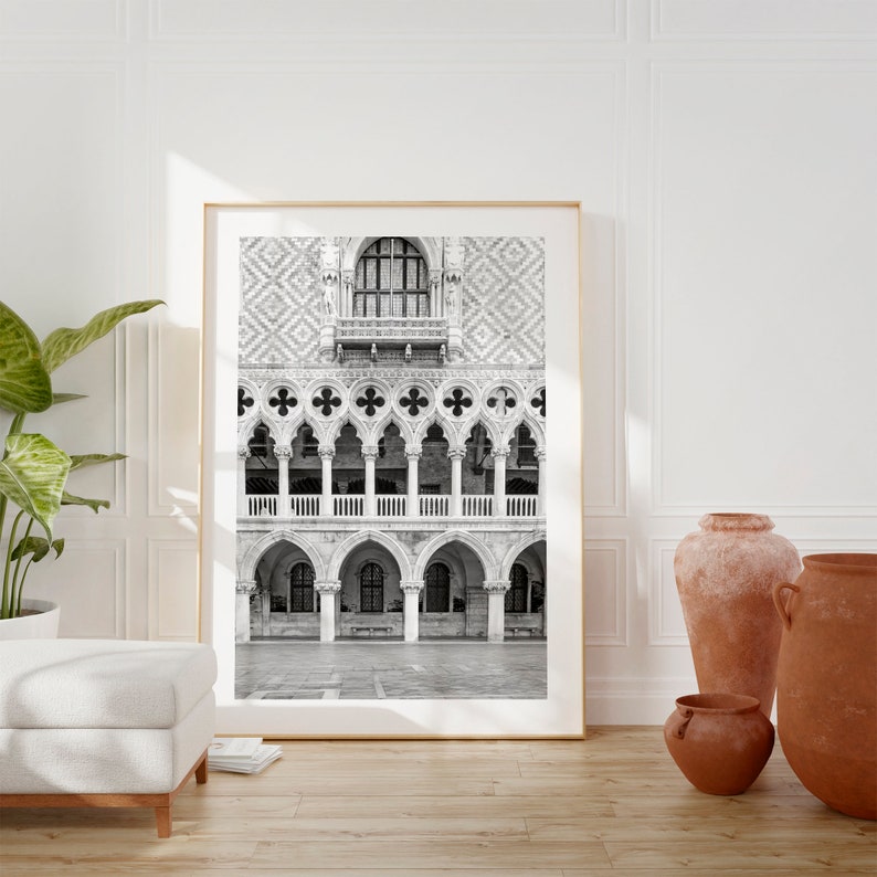 Venice Italy print, Venice wall art, Doges Palace Gothic architecture, black and white photo, Italy travel poster, Italy photography image 3