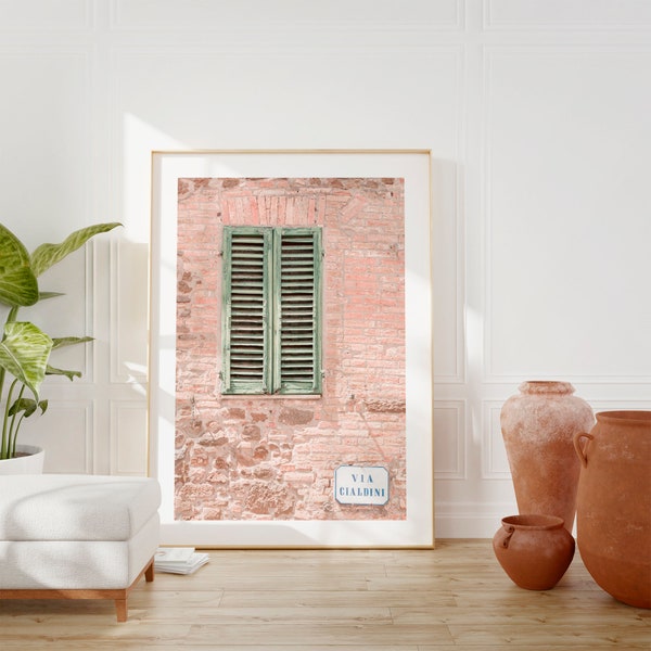 Italy window art print, Italy window photo, Italian pink house, window shutters, blush pink wall art, Italy poster, green wooden shutters