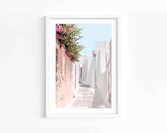 Santorini print, Greece wall art, travel print, pink wall decor, Greece travel poster, Bougainvillea print, boho print, bedroom decor