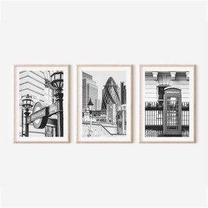 London Architecture Wall Art Set of 3 – Black and White City Photography Prints, Gherkin, London Underground, Phone Box, Minimalist Decor