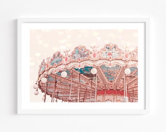 Pink Paris carousel print, Carousel nursery wall art, Paris merry go round print, pastel whimsical girly wall art, large landscape