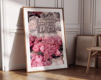 Impression du marché aux fleurs de Paris, photographie de pivoines roses, art mural floral coquette, décoration d'intérieur féminine