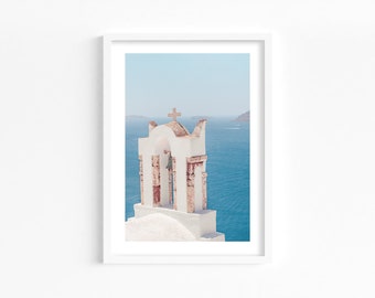 Santorini print, Greece wall art travel print, Church on cliff, Greece travel poster, coastal wall art, Blue home decor, Ocean photography