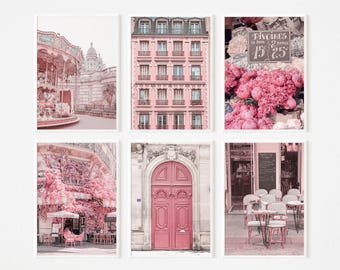 Paris Wall Art Set of 6 – Pink Parisian Prints, French Architecture Photography, Travel Gallery Wall Decor