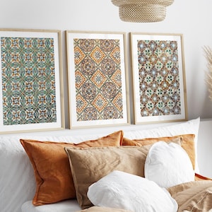 Spanische Fliesen Wandkunst 3er-Set, mediterrane geometrische Fliesendrucke, andalusische Terrakotta blaugrüne Dekoration, Boho Home Wandkunst