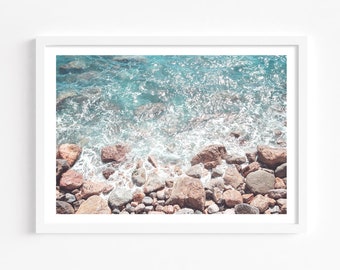 Waves print, Modern coastal wall art, Rocky beach photo, large landscape aerial sea print, ocean print, coastal farmhouse beach house decor