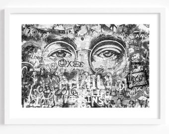 Graffiti wall art, John Lennon Wall photography print, black and white Prague poster, Czech Republic travel poster, Beatles street art