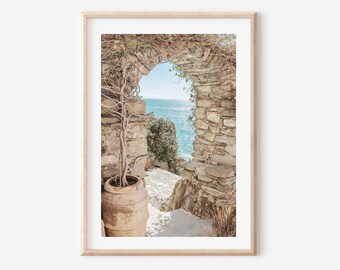 Mediterranean wall art, ocean view, Italy coastal wall art, Cinque terre photography print, stone archway, travel poster, ocean art