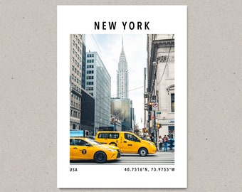 Yellow taxi print, New York photography, NYC travel poster, New York taxi cab, Chrysler Building, architecture print, gps coordinates