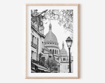 Montmartre Paris wall art print, Sacred Couer Cathedral black and white Paris photography, Parisian architecture art, French wall decor