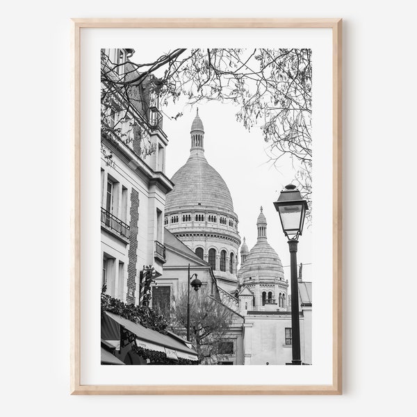 Montmartre Paris wall art print, Sacre Couer Cathedral black and white Paris photography, Parisian architecture art, French wall decor