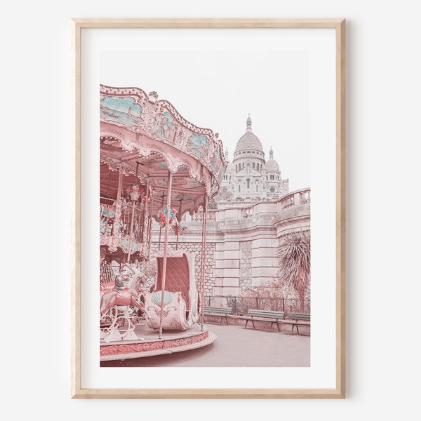 Vintage Paris carousel print, Merry go round, Pastel pink carousel at Sacre Couer, Paris wall art, french shabby chic girls nursery decor