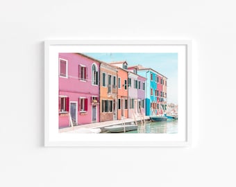 Burano Italy Wall Art, Colourful Canal Houses Photography Print, Venice Travel Poster, Italian Architecture Decor