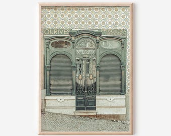 Portugal Door Print – Lisbon Photography, Vintage Portuguese Tiles Decor, Green Door Wall Art, Rustic European Travel Art
