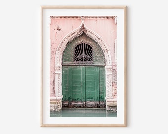Venice print, green wooden door wall art, Italy colourful door photo, Gothic architecture, Venice travel poster, pink house