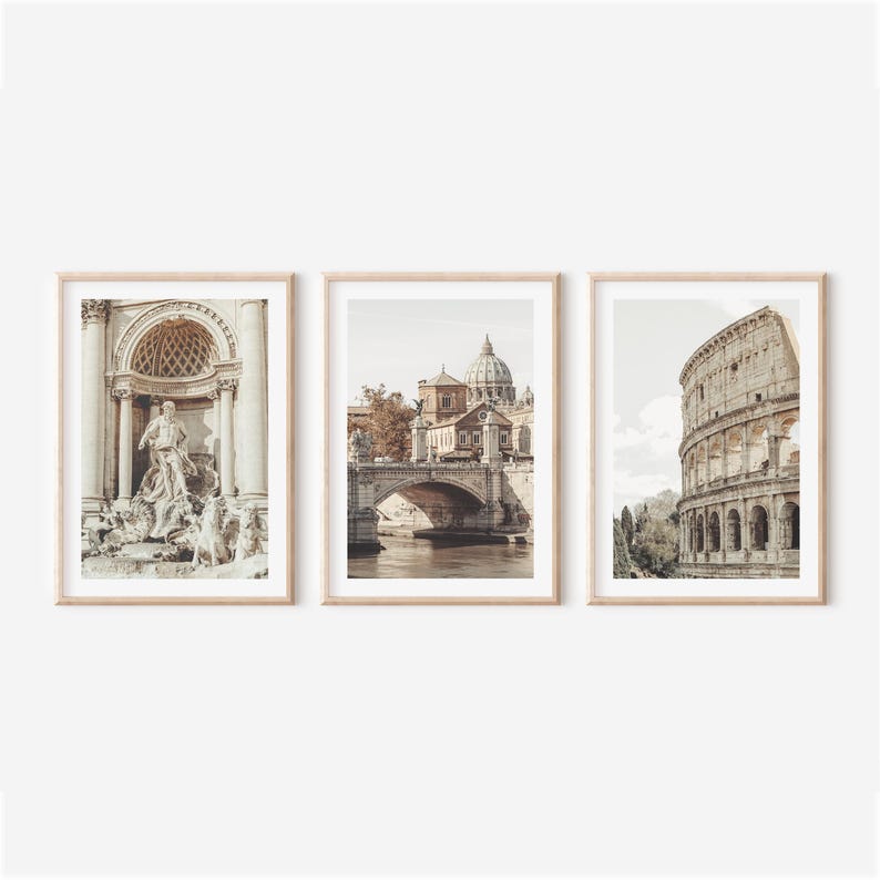 Rome Prints Set of 3 – Italian Wall Art, Colosseum Trevi Fountain St Peter’s Basilica, Roman Architecture Photography, City Travel Decor image 3