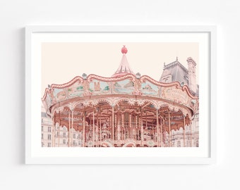 Pink Paris carousel print, carousel photography print, Merry go round poster, Parisian decor, baby girl nursery wall art, large landscape