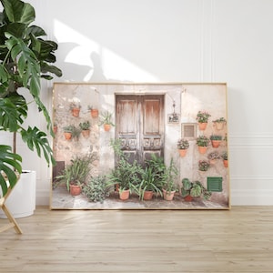 Rustic Wooden Door Print, European Village Photography, Mediterranean Wall Art, Terracotta Pots Decor (Digital Download)