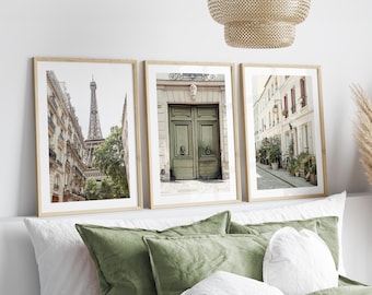 Paris Photography Print Set of 3 - Eiffel Tower, Vintage Parisian Door, Rue Crémieux Photo, Muted Neutral Sage Green Tones