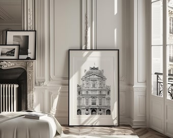 Louvre Paris Wall Art, Black and White Paris Photography, French Architecture Print, Parisian decor,  Large Fine Art Minimalist Poster