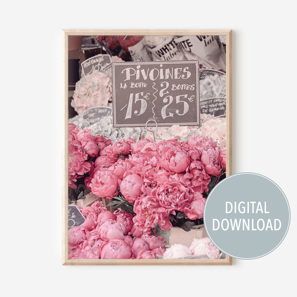 Paris flower market print, Parisian pink peonies print, floral wall art, Paris art print, Paris flowers, Les pivoines flower photography,