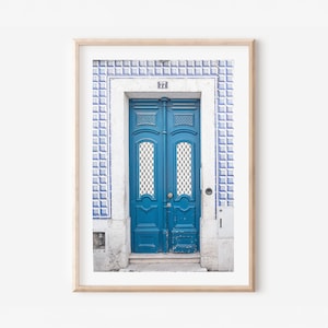 Lisbon Blue Door Wall Art – Portugal Architecture Print, Tiled Doorway Photo, Blue and White Coastal Boho Decor, European Travel Photography