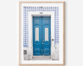 Lisbon Blue Door Wall Art – Portugal Architecture Print, Tiled Doorway Photo, Blue and White Coastal Boho Decor, European Travel Photography