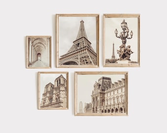 Paris Wall Art Set of 5 - Neutral French Architecture Prints, Eiffel Tower, Louvre, Notre Dame Gallery Wall (Digital Download)