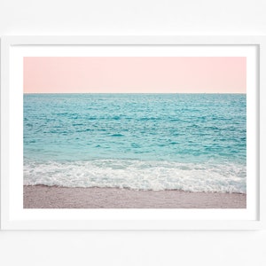 Pastel beach poster, ocean waves print, blush pink sunset photography, ocean print, coastal wall art, ocean photography, beach poster image 1