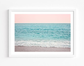 Pastel beach poster, ocean waves print, blush pink sunset photography, ocean print, coastal wall art, ocean photography, beach poster