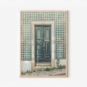 Portugal Art Print, Lisbon Wall Art, Vintage Green Portuguese Door Photo, Azulejo Tile Architecture Poster, Rustic European Home Decor image 1