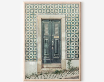 Impression d'art Portugal, art mural de Lisbonne, photo de porte portugaise verte vintage, affiche d'architecture en carreaux azulejos, décoration d'intérieur européenne rustique