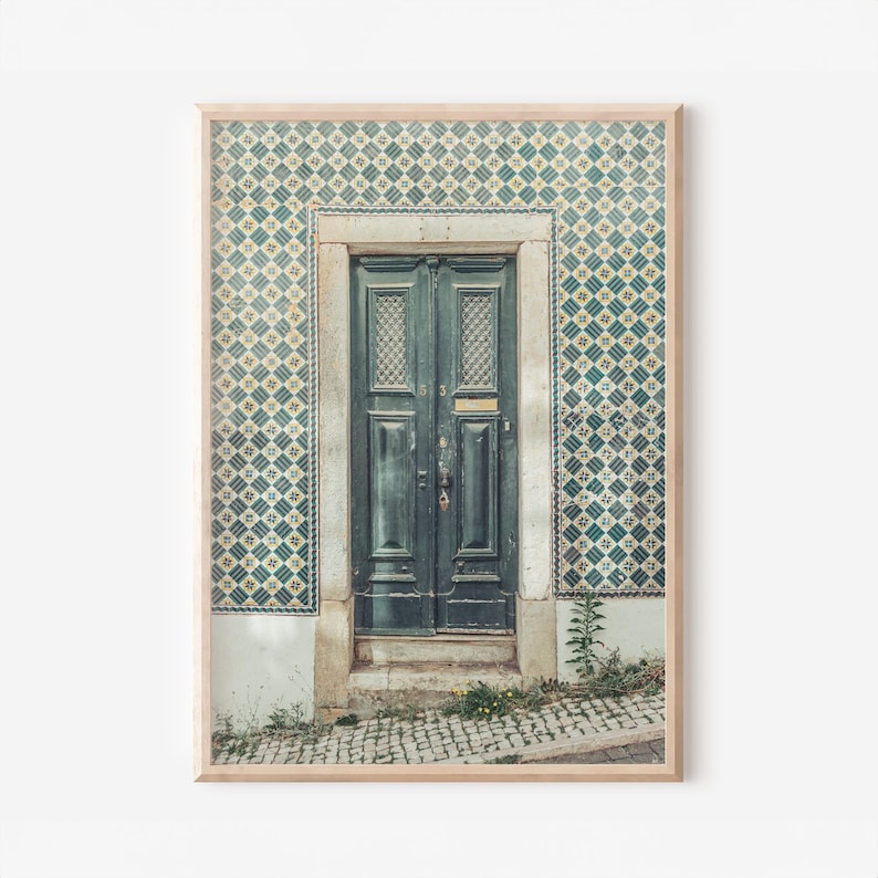 Portugal Art Print, Lisbon Wall Art, Vintage Green Portuguese Door Photo, Azulejo Tile Architecture Poster, Rustic European Home Decor image 1