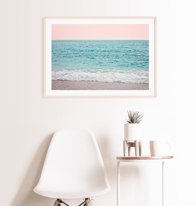 Pastel beach poster, ocean waves print, blush pink sunset photography, ocean print, coastal wall art, ocean photography, beach poster image 4